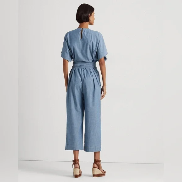 Lauren Ralph Lauren Blue Belted Chambray Wrap Jumpsuit - Picture 2 of 16